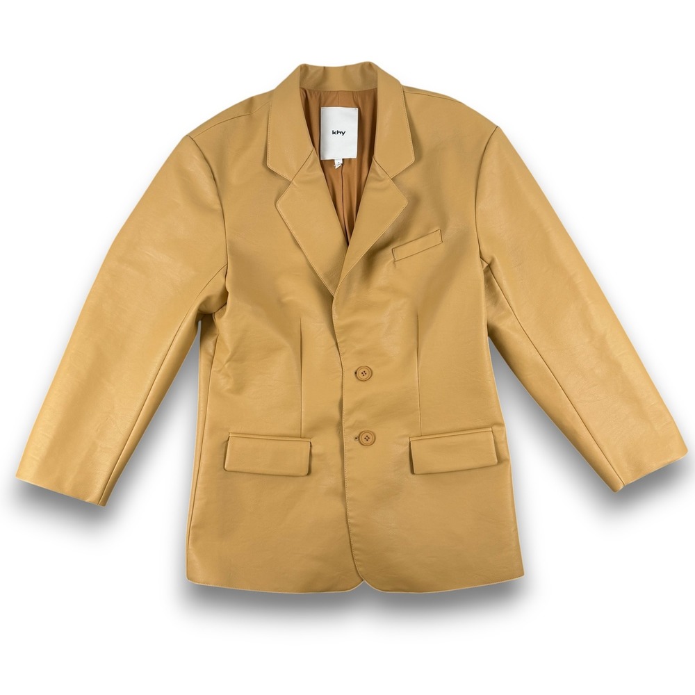 Khy Faux Leather Blazer Women S Mustard Tan Oversized 2-Button Front Long Sleeve